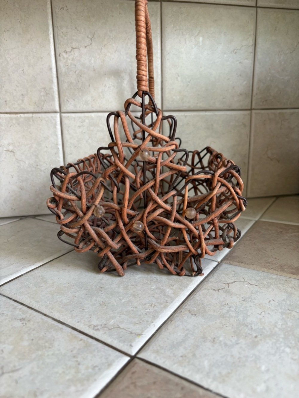 Antique Woven Decorative Basket with Handle in Brown and Tan